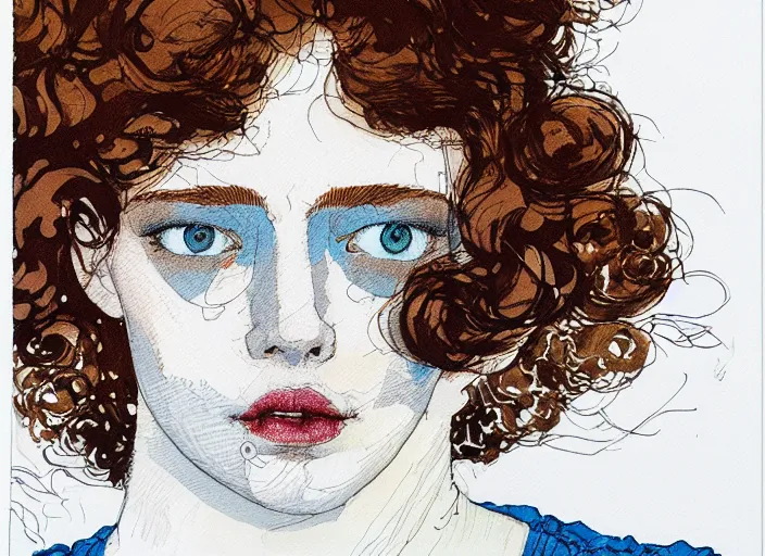 Prompt: portrait woman with short ginger curly hair in the crowd, by kaethe butcher, by ashley wood, dynamic lighting, gradient light blue, brown, blonde cream and white color scheme, grunge aesthetic