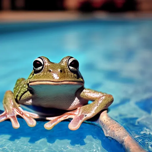 Image similar to An old photo of a sophisticated frog in a nice suit, he is chilling in a pool