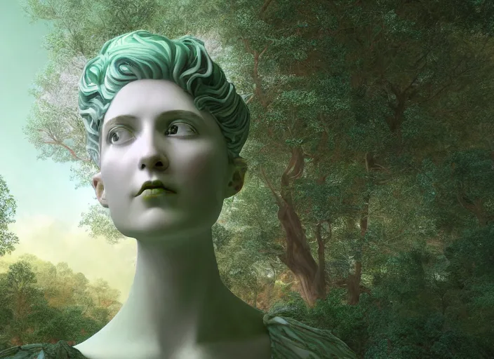 Image similar to a portrait of idealistic marble statue with fractal flowery hair and fair porcelain face and green eyes, in a magical forest, painted by, mc escher, gordon onslow ford, georgia o'keeffe and ivan aivazovsky, cinematic light, god rays, colourful, unreal engine, zbrush central,