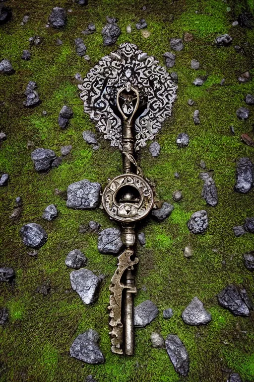 Image similar to mysterious key of death and rebirth, etched into a wall with crystals breaking through the stone, the floor covered by moss, cgsociety