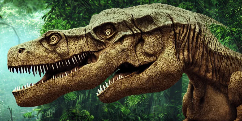 Image similar to photo realism, vary sad, cry tyrannosaurus rex, background jungle, 4 k