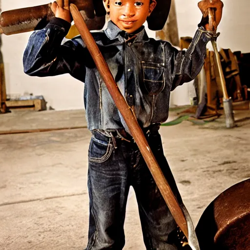 Image similar to a photo of a blacksmith kid holding big hammer by terry richardson