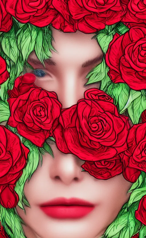 Image similar to very detailed digital drawing of a face covered with teeth lying in red roses.