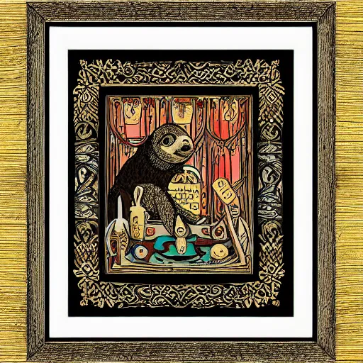 Image similar to sloth as the king of cups, framed, intricate details, medieval art style, high contrast, posterized