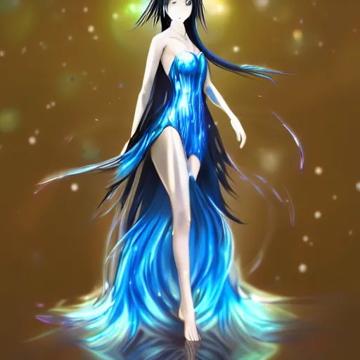 Prompt: advanced digital art, a very beautiful realistic anime girl wearing a dress made of water standing in a crystal lake , full body, very long black hair, azure blue watery eyes, full round face, seductive stare, cinematic lighting, medium shot, mid-shot, highly detailed, trending on artstation, Unreal Engine 4k, Stanley Artgerm Lau, WLOP, Rossdraws, James Jean, Andrei Riabovitchev, Marc Simonetti, and Sakimichan