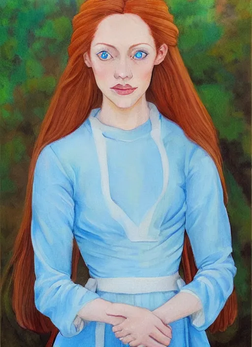 Prompt: a portrait of a young woman with ginger hair and light blue eyes wearing a traditional silk dress with very long sleeves. she looks at the viewer with a curious, witty expression. beautiful painting of shallan davar by jia ruan.