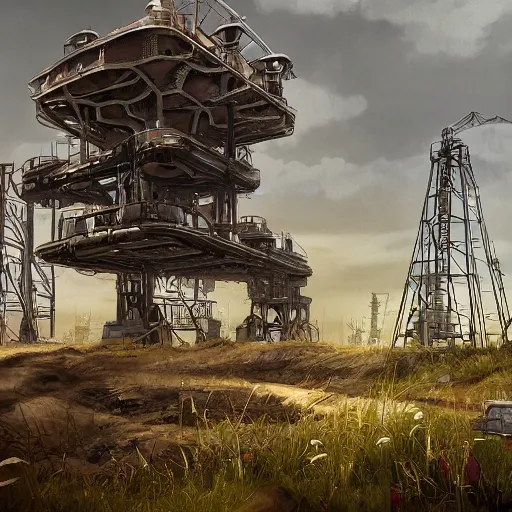 Image similar to post apocalyptic overgrown oil rig by victor moura james hayes jim kjexrud, trending on artstation, digital artwork, highly detailed, contest winner, environmental artwork, concept art