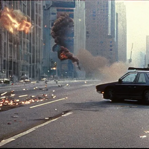 Image similar to film still, explosion of a 1980 car, in American Psycho