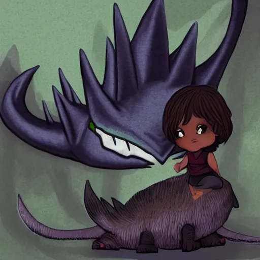 Image similar to Dark skinned girl pets Chibi Godzilla, digital art