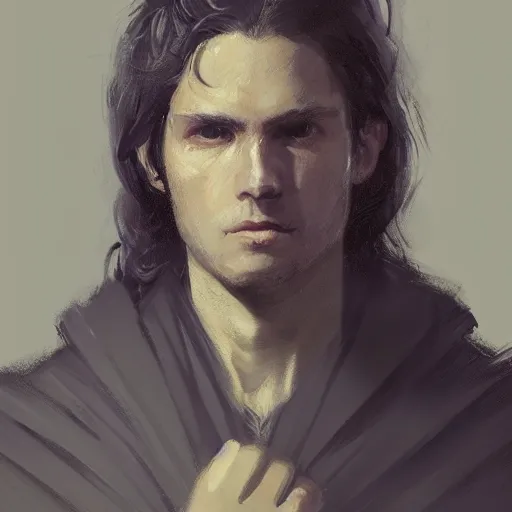 Image similar to portrait of a man by greg rutkowski, british features, messy black long hair, black robes, star wars expanded universe, he is about 2 0 years old, wearing jedi robes, highly detailed portrait, digital painting, artstation, concept art, smooth, sharp foccus ilustration, artstation hq