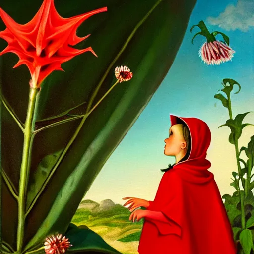 Image similar to oil painting of little red riding hood looking up at gigantic datura strammonium flower