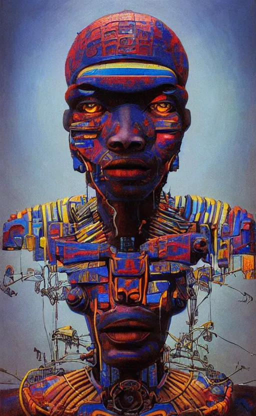 Image similar to portrait of mecha african tribal chief, symmetrical, dramatic lighting, colourful, art by zdzislaw beksinski,