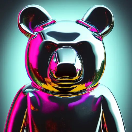 Prompt: chrome bear, glossy, metallic, neon, symmetrical, tribal patterns, realistic, unreal engine, octane, redshift, artstation, behance