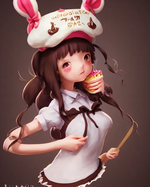 Image similar to a girl as personification of chocolate cupcake, character design, cute hats, unreal engine, highly detailed, digital illustration by artgerm, tooth wu, studio ghibli, sharp focus, artstation. ribbons, dog ears, fractal swirls. a fantasy bakery by studio ghibli, makoto shinkai, global illumination, sweets,