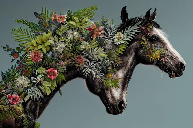 Image similar to a stunning horse made of plants by sandra chevrier and greg rutkowski, high key lighting, volumetric light, digital art, highly detailed, fine detail, intricate, ornate, complex, octane render, unreal engine, photorealistic