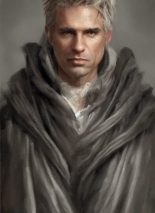 Prompt: a clean shaven man aged 4 0 with tousled blonde hair and hazel eyes and a friendly expression. he is handsome and wearing a grey cloak. head and shoulders portrait painting by greg rutkowski
