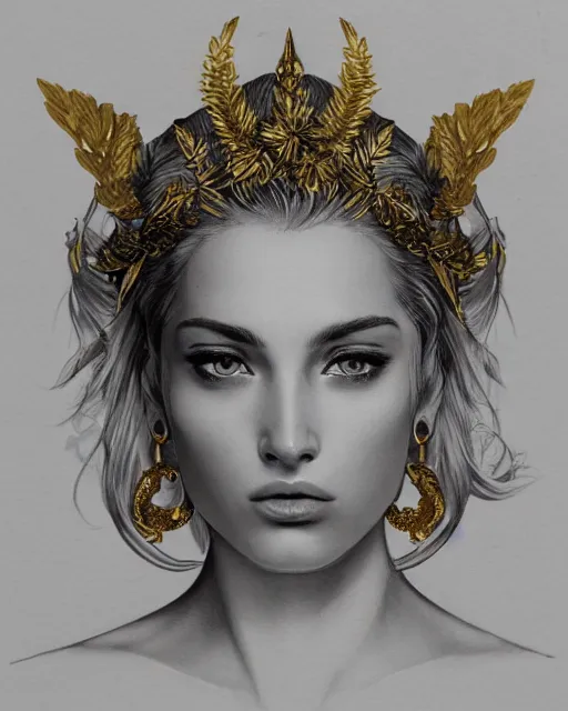 Image similar to front view of beautiful super model aphrodite greek goddess wearing a gold laurel wreath and triangle earrings, realism tattoo sketch, beautiful piercing eyes with sharp pupils, beautiful blonde hair, in the style of greg rutkowski, fantasy, amazing detail, epic, elegant, smooth, sharp focus