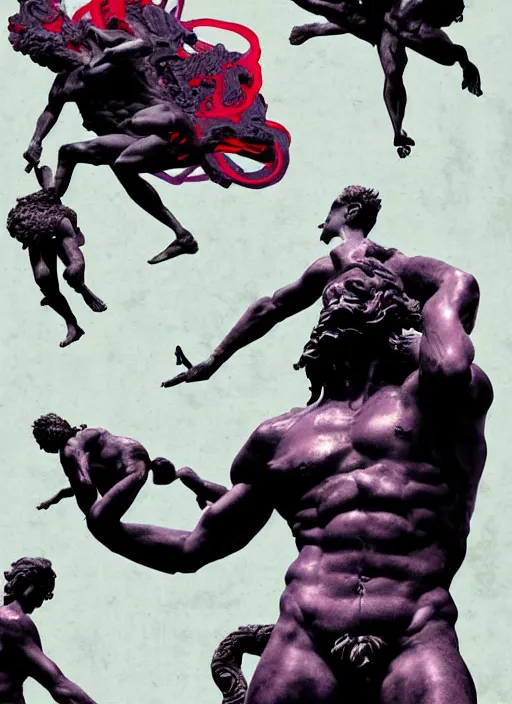 Image similar to design poster, black background with very subtle red and purple design elements, statue of laocoon and his sons, powerful, nekro, graphic design, collage art, thin lines, dark, glitch art, neo vaporwave, gritty, layout frame, square, trending on artstation