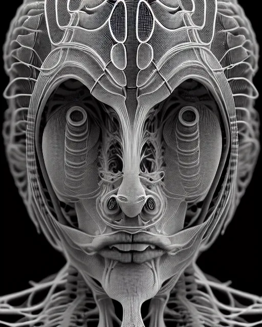 Image similar to mythical black and white organic biomechanical spinal ribbed face portrait detail of mechanical female vegetal-cyborg, highly detailed, intricate ornate, 3D render digital art, octane render, 8K artistic photography, photorealistic