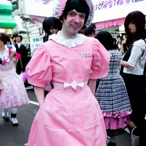 Prompt: martin shkreli in kawaii maid dress at harajuku tokyo street fashion event, a professional high quality photo from vogue magazine