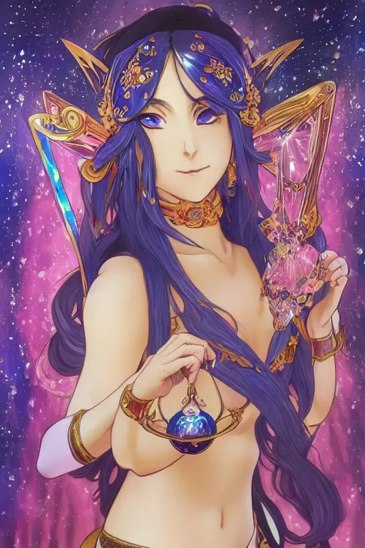Prompt: psychedelic, intricate, highly detailed, anime, 4k, beautiful seductive lucina from fire emblem holding a crystal containing the universe, with professional makeup, long trippy hair, surrounded by gems, underneath the stars, trending on patreon, deviantart, twitter, artstation, volumetric lighting, heavy contrast, by artgerm and Ilya Kuvshinov and alphonse mucha