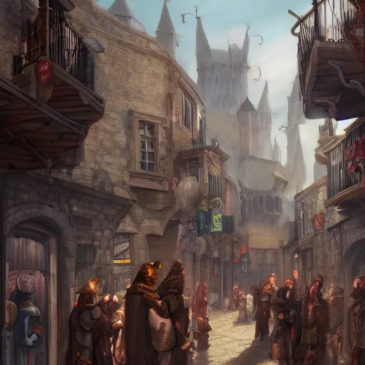 Prompt: The bustling streets of a medieval town, fantasy illustration, high fantasy, 8k render, trending on artstation, widescreen, masterpiece