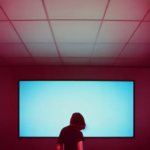 Prompt: kodak portra 4 0 0 photograph of a skinny blonde guy standing in a room with floor to ceiling hypno tv screens, back view, moody lighting, telephoto, 9 0 s vibe, blurry background, vaporwave colors!, faded!,