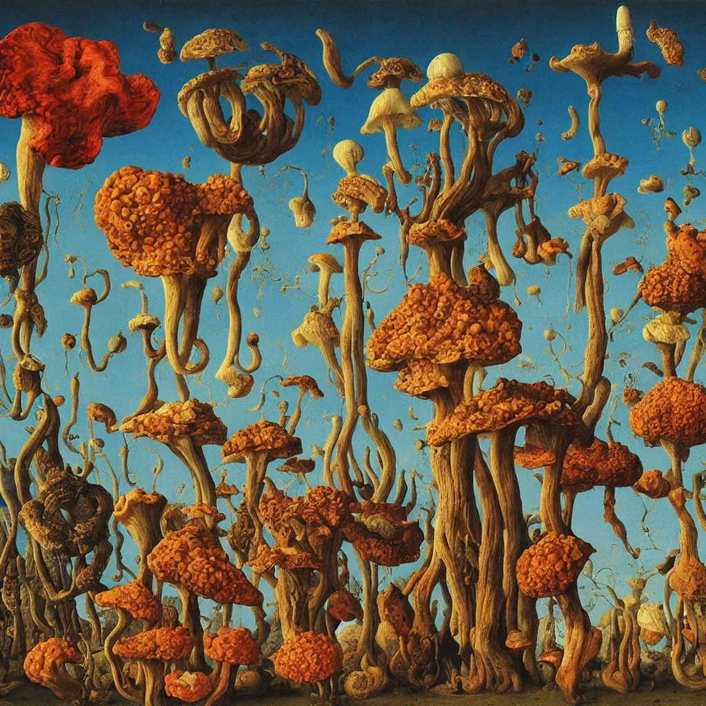 Image similar to a single colorful! ( lovecraftian ) fungus tower white! clear empty sky, a high contrast!! ultradetailed photorealistic painting by jan van eyck, audubon, rene magritte, agnes pelton, max ernst, walton ford, andreas achenbach, ernst haeckel, hard lighting, masterpiece