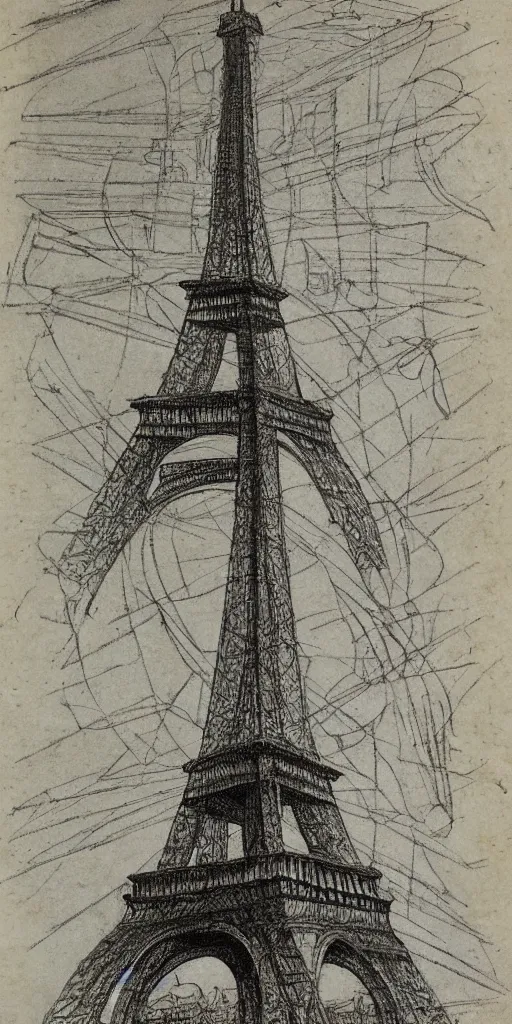 Image similar to architectural design studies of Eiffel Tower, different closeup view, drawn by Leonardo da Vinci, ancient ink draw, artistic, intricated