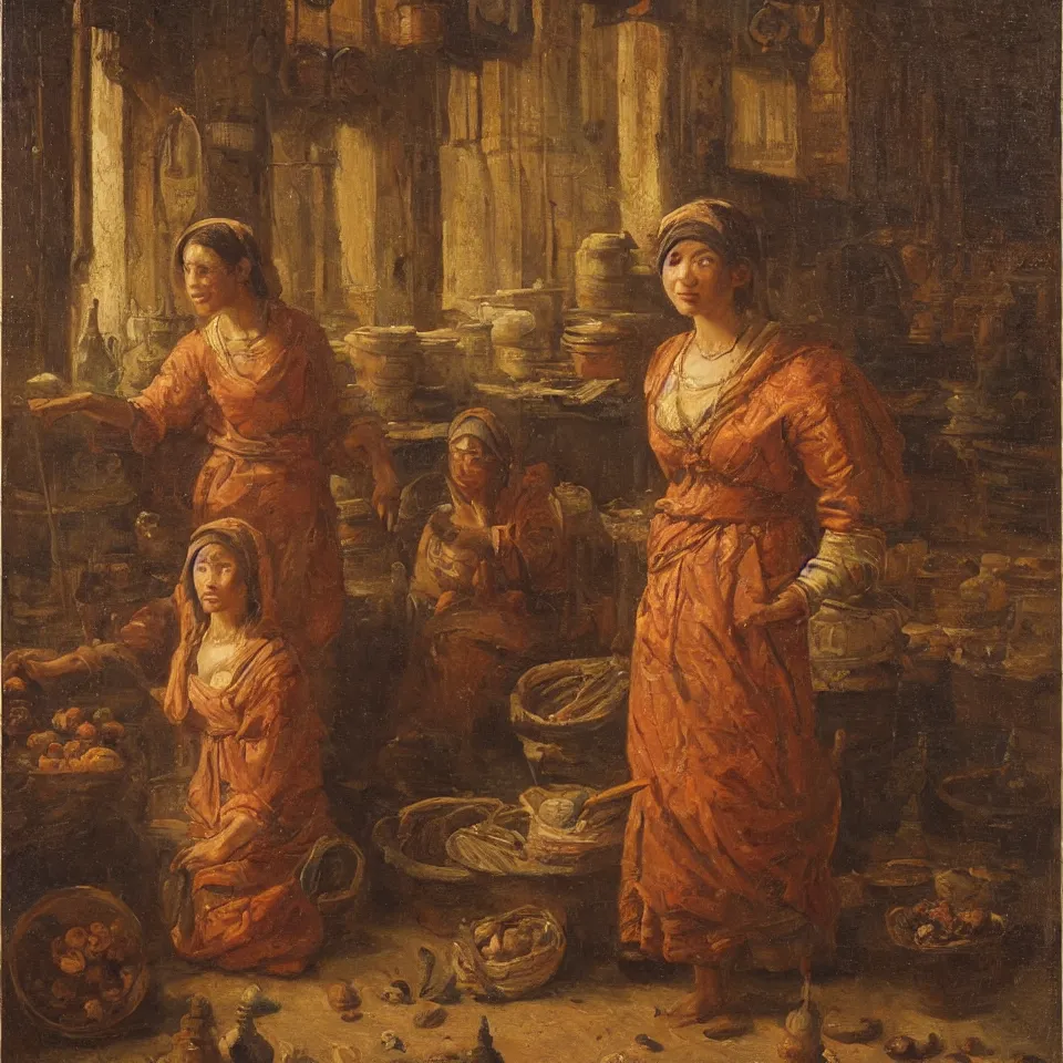 Image similar to young woman standing in a spice market at night by johann mongels culverhouse, oil on canvas, masterful intricate artwork, high detail 8 k