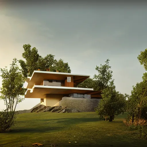 Image similar to modernist house inspired by tibetan palace, built with atrium in the middle, on a hill surrounded by big trees, dramatic lighting, artstation, realistic rendering, unreal engine, octane render, raphael lacoste, simon stalenhag, frank lloyd wright, helicopter view