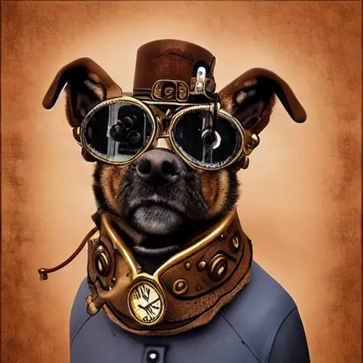 Image similar to a steampunk dog, digital art, hyperrealistic