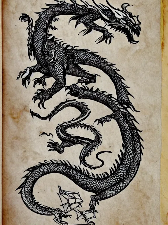 Image similar to ink illustration of a dragon, monster manual style, dungeons and dragons guidebook, tan parchment paper