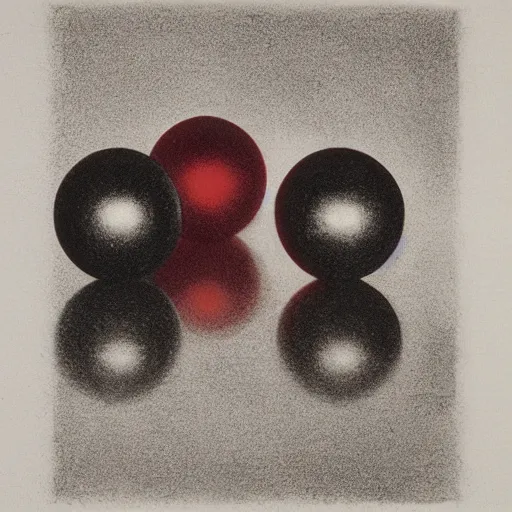 Prompt: chrome spheres on a red cube, mezzotint