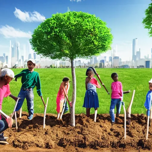 Prompt: a group of children planting trees in front of a clean white sci fi containment building with a utopian city in the distance, hyper realistic, 4 k, hd, artstaion, harsh light, overhead shot