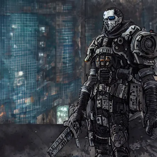 Prompt: a post-apocalyptic cyberpunk grimdark knight in the style of leonard boyarsky in the style of Yoji Shinkawa detailed realistic HD 8k High Resolution