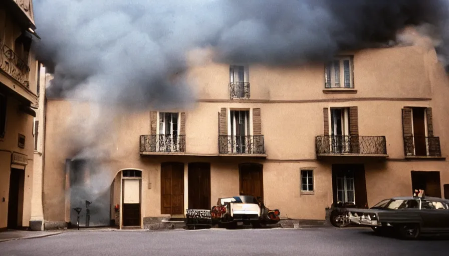 Prompt: 1 9 7 0 s movie still of a heavy burning french style townhouse in a small french village, cinestill 8 0 0 t 3 5 mm, heavy grain, high quality, high detail, dramatic light, anamorphic, flares