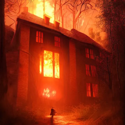 Image similar to burning haunted house in the woods warmth stylized artgerm artstation hd cgsociety cgi realistic dramatic cinematic artistic trending detailed