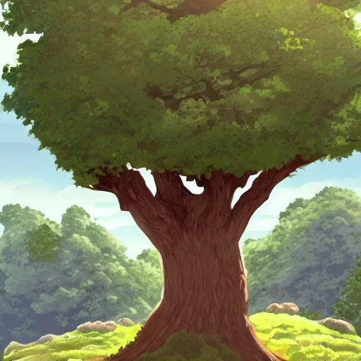 Prompt: a landscape of a single ash tree with bushes nearby, studio madhouse, castle in the sky, animated, anime, illustrated, gouache, background on artstation