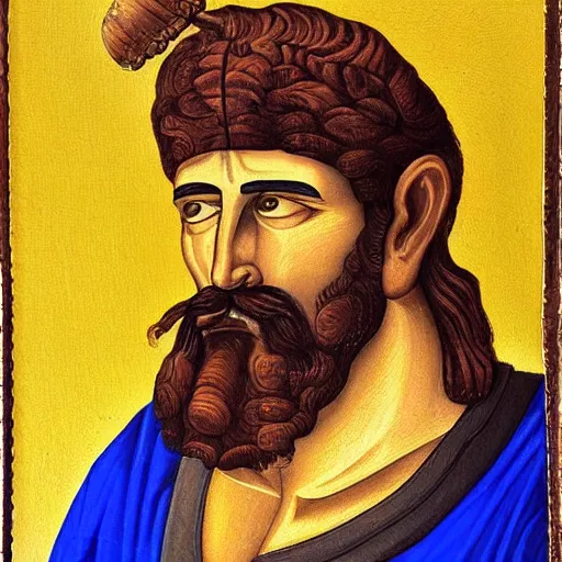 Image similar to portrait of ancient silly greek man with sharp nose. fine detail. artistic painting by lurid