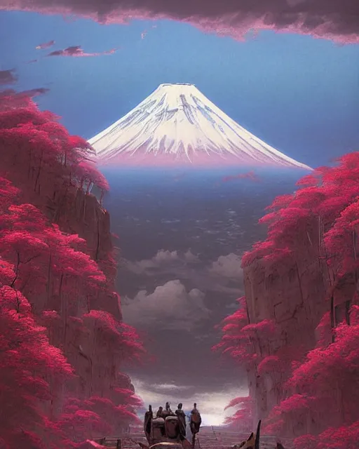 Image similar to a highly detailed epic cinematic concept art CG render digital painting artwork: Mount Fuji . By Greg Rutkowski, in the style of Francis Bacon and Syd Mead and Norman Rockwell and Beksinski, open ceiling, highly detailed, painted by Francis Bacon and Edward Hopper, painted by James Gilleard, surrealism, airbrush, Ilya Kuvshinov, WLOP, Stanley Artgerm, very coherent, triadic color scheme, art by Takato Yamamoto and James Jean