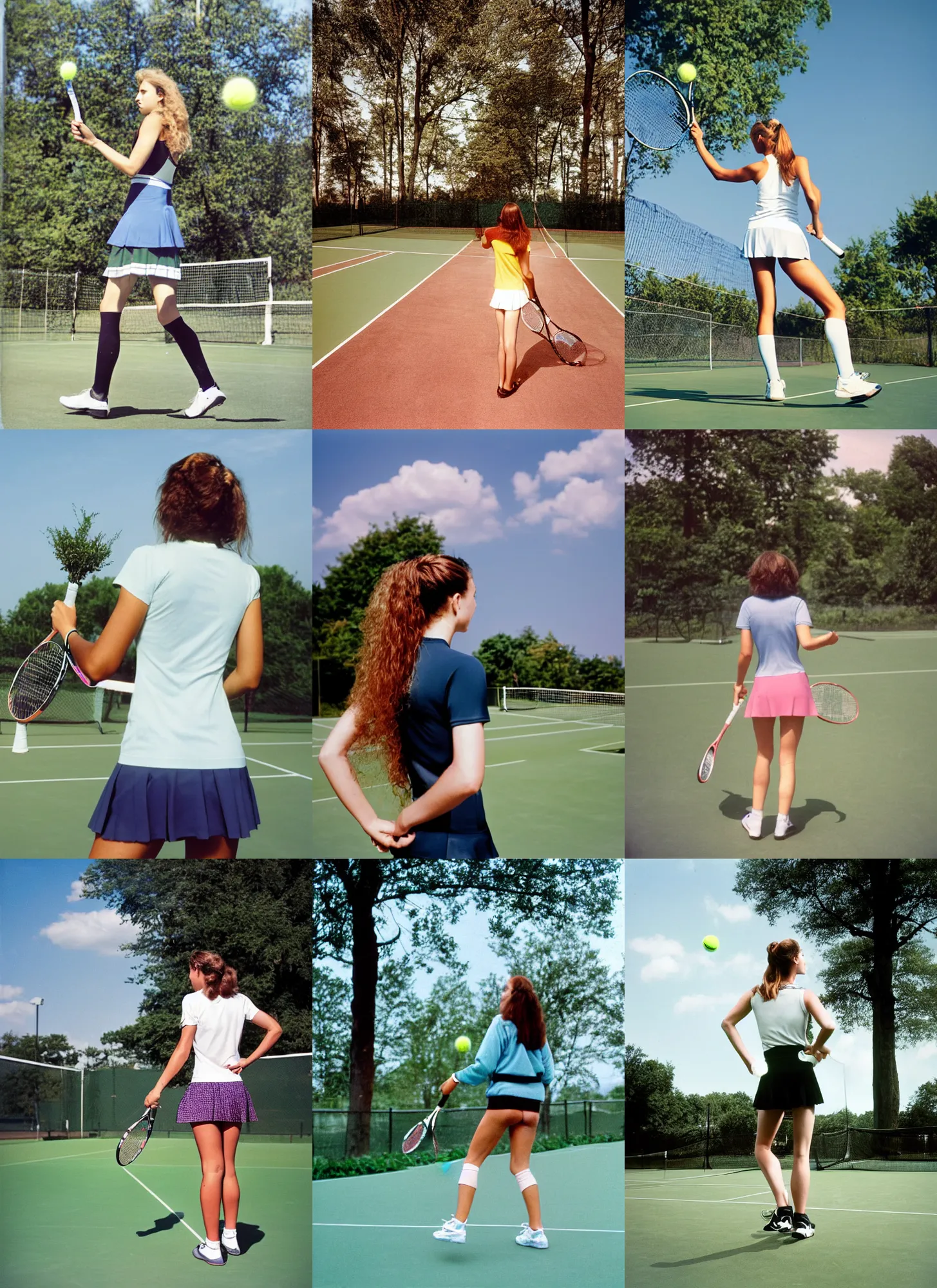 Prompt: A woman, tennis wear, long hair, tights, sky, tree; on the tennis coat, summer; 90's professional color photograph, view from behind,