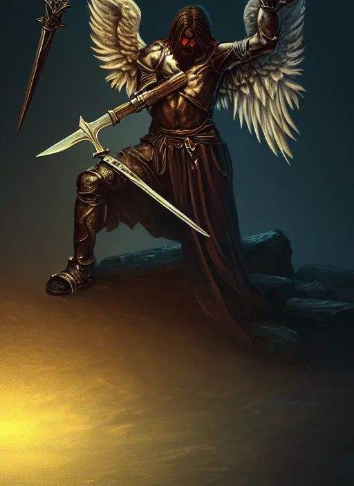 Image similar to fantasy art, fallen man angel kneeling with a sword and shield and wings, close-up, bokeh. dark art masterpiece artstation. 8k, sharp high quality illustration in style of Jose Daniel Cabrera Pena and Leonid Kozienko, Tooth Wu, studio lighting