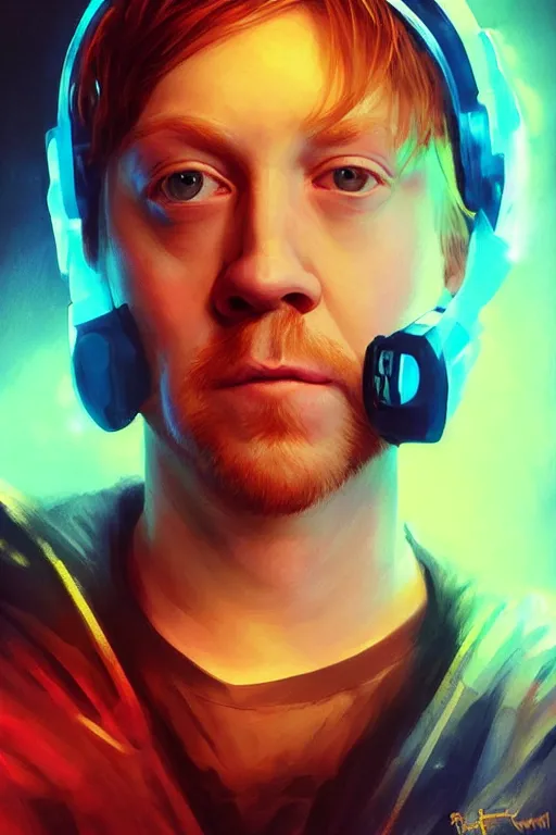 Image similar to portrait of Rupert Grint as Ron Wisly with visor in cyberpunk, neon lighting, night city, digital art from artstation by Ruan Jia and Mandy Jurgens and Artgerm and william-adolphe bouguereau and Greg Rutkowski