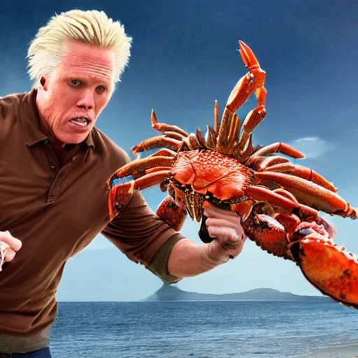 Image similar to stunning award winning hyperrealistic hdr 8 k highly detailed photo of garry busey fighting a giant humanoid crab