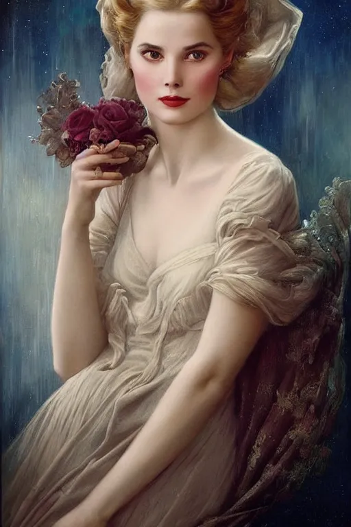 Prompt: a young and extremely beautiful grace kelly infected by night by tom bagshaw in the style of a modern gaston bussiere, art nouveau, art deco, surrealism. extremely lush detail. melancholic scene infected by night. perfect composition and lighting. profoundly surreal. high - contrast lush surrealistic photorealism. sultry and mischievous expression on her face.
