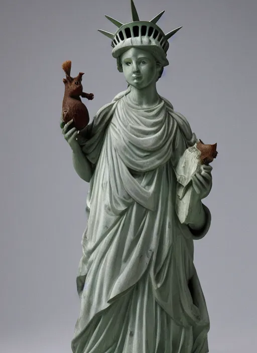 Image similar to A marble statue of a squirrel holding an acorn in the style of Statue of Liberty. museum photo