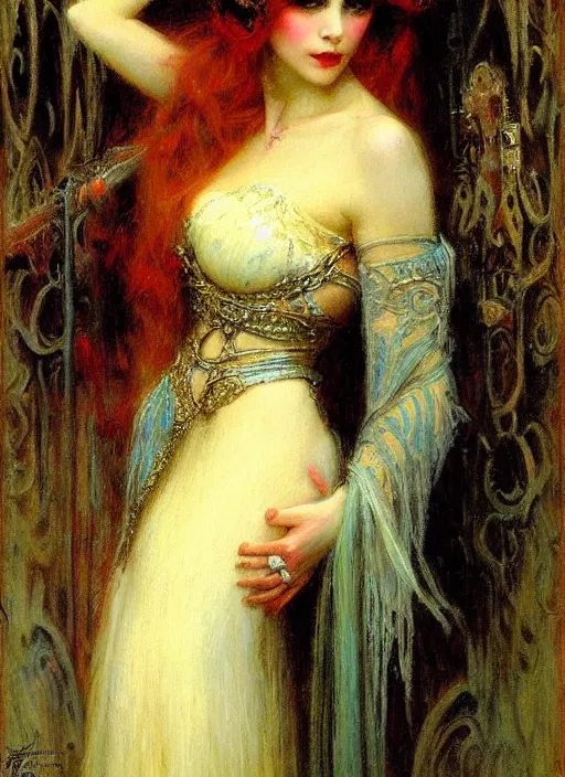 Image similar to vertical prtrait of a gothic princess. by gaston bussiere