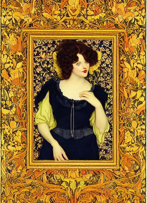 Prompt: masterpiece beautiful seductive curvey pose preraphaelite portrait photography, hybrid of judy garland and zooey deschanel, straight jagged fringe, yellow ochre ornate medieval dress, william morris and kilian eng and mucha, framed, 4 k