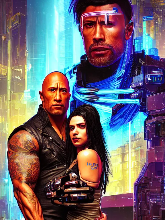 Image similar to a cyberpunk 2077 portrait of Dwayne Johnson holding a female android with couple pose,complex mess of cables and wires behind them connected to giant computer, love moive,film lighting, by laurie greasley,Lawrence Alma-Tadema,William Morris,Dan Mumford, trending on atrstation, full of color,face enhance,sharp focus, highly detailed,8K, octane,golden ratio,cinematic lighting